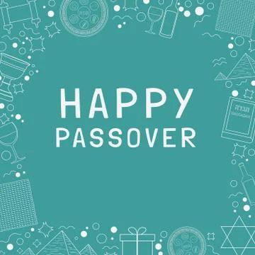 Frame with Passover holiday flat design white thin line icons with text in en Stock Illustration