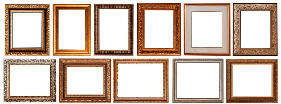 Frame picture isolated on white background gold antique set 스톡 사진