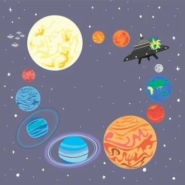 Frame planet  solar system in a circle and a cute alien starshi Stock Illustration