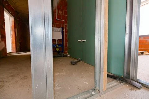 Frame for plasterboard wall, mounted vertical metal and wooden profiles, wo.. Stock Photos