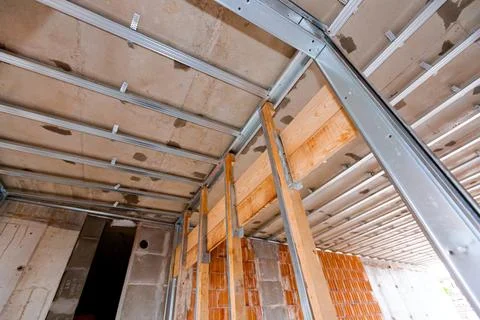 Frame for plasterboard wall, mounted vertical metal and wooden profiles Stock Photos