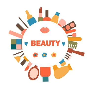 Frame postcard under the text with a set of cosmetics and skin care items. Na Stock Illustration