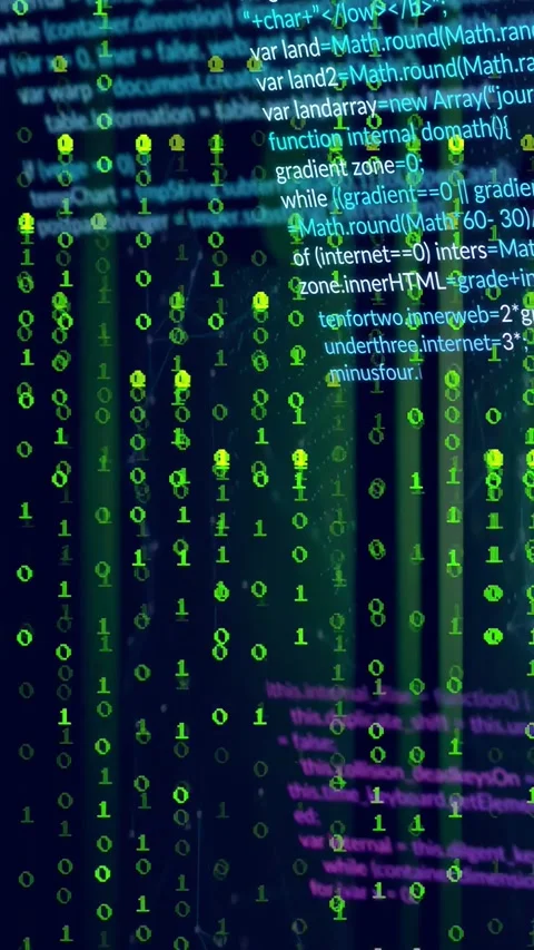 Frame progression causing binary rain falling, revealing right code and node Stock Footage 332985056