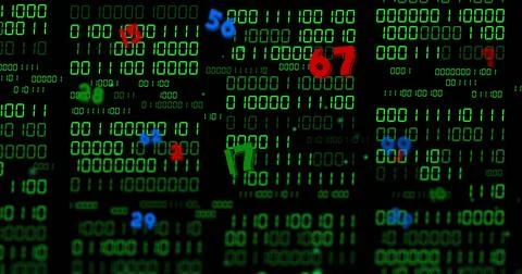 Frame progression shifting colored numbers across green binary columns, 스톡 일러스트