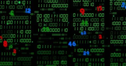 Frame progression shifting colored numbers across green binary columns, 스톡 일러스트