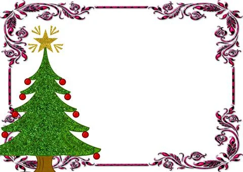 A frame with purple corner patterns and Christmas tree isolated on white copy Stock Illustration