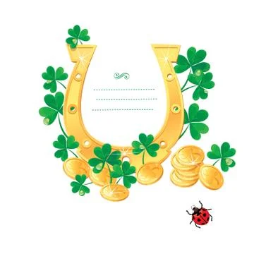 Frame for saint patrick's day design with shamrock,  gold coins and horse sho Stock Illustration