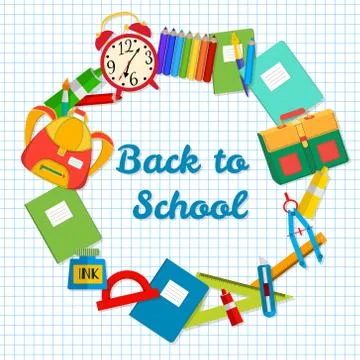 Frame from school objects. Office supplies on the background of a sheet of no Stock Illustration