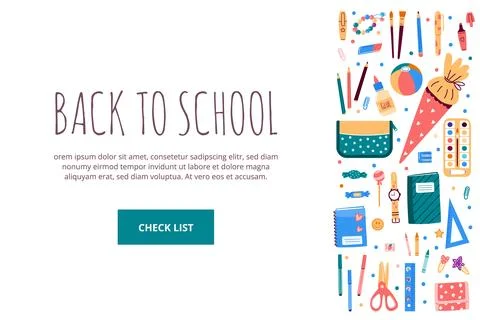 Frame with school stationery objects.Template vector illustration in flat style Stock Illustration