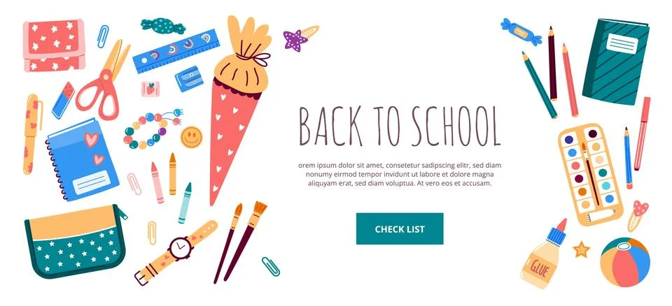 Frame with school stationery objects.Vector illustration in flat style Stock Illustration