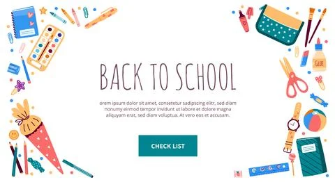 Frame with school stationery objects.Vector illustration in flat style Stock Illustration