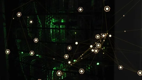 Frame sequence advancing, hexagonal nodes clustering with thin lines over dim Video stock 331025000