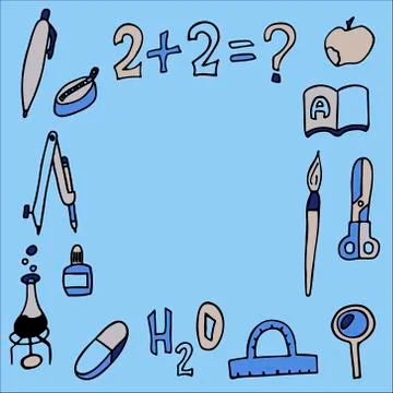 Frame set of school things. doodle outline vector illustration Stock Illustration