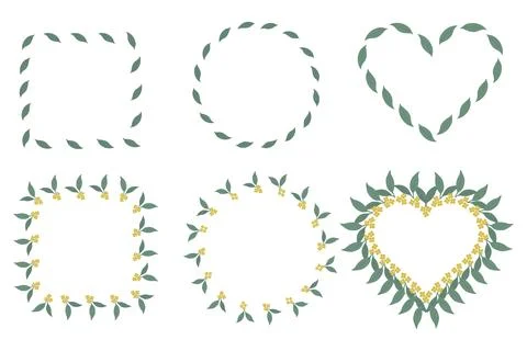 Frame set of six botanical borders with green leaves in square, circle, and Stock Illustration
