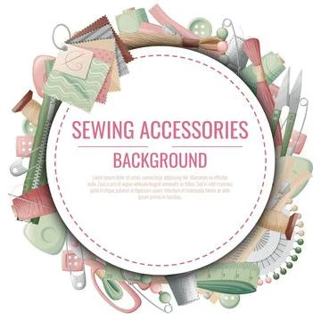 Frame with sewing accessories. Vector template with drawn colorful illustrati Stock Illustration