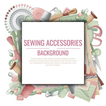 Frame with sewing accessories. Vector template with drawn colorful illustrati Stock Illustration
