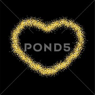 Frame in the shape of a heart made of sparkling confetti on black background. Stock Illustration