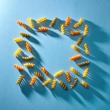 Frame in the shape of a square of multicolored pasta on a blue background. Flat Stock Photos