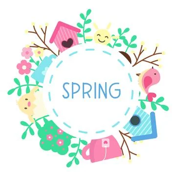 Frame with spring flowers and elements, spring inscription. Floral round frame Stock Illustration