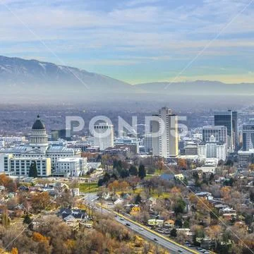 Frame Square Panoramic view of the bustling downtown in Salt Lake City Utah Stock Photos