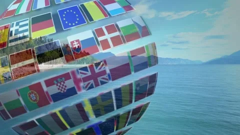 Frame start causing glossy flag sphere rotating, revealing thumbnails and Stock Footage 334884085