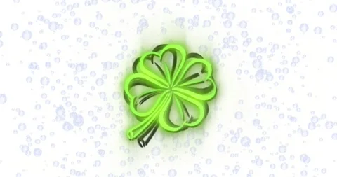 On frame start stylized four-leaf clover glowing and filling neon green, pulsing Stock Footage 328584544