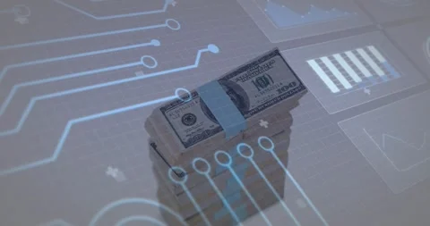 On frame start, USD stack blue-strap being overlaid by pulsing fintech HUD Stock Footage 328495768