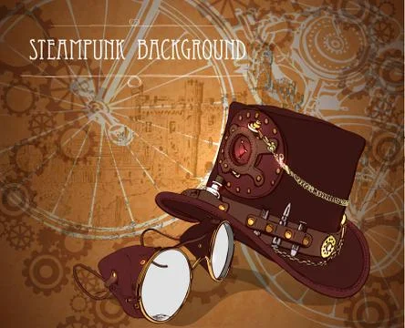 Frame steampunk background with top hat and brass goggles Stock Illustration