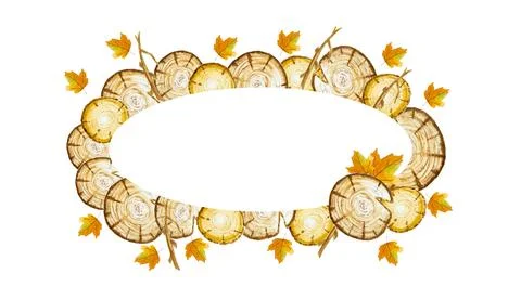 Frame from a stump of a tree. hand-drawn watercolor. Autumd postcard on white Stock Illustration