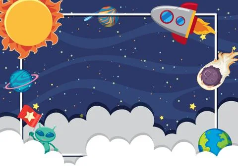 Frame template design with many planets in background 스톡 일러스트