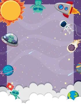 Frame template with many planets in the space background Illustrazione stock