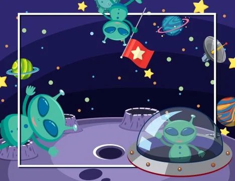 Frame template with many planets in the space background Stock Illustration