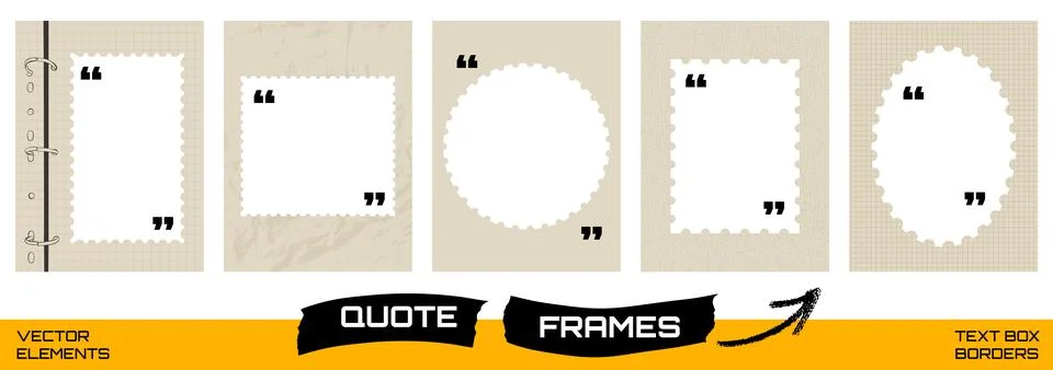 Frame template set with quote boxes and postage stamp. Beige panels with scallop イラスト素材