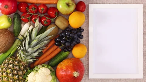 Frame for text appear on right side next to fruits and vegetables. Stop motion Stock Footage 141292882