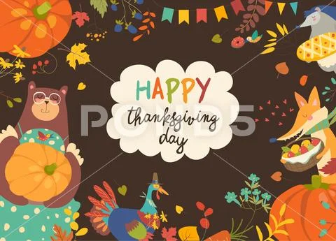 Frame of Thanksgiving day with cute animals and vegetables Stock Illustration