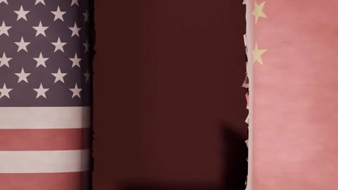 Frame three revealing US and China flags tearing in paper animation, exposing Stock Footage 339194232