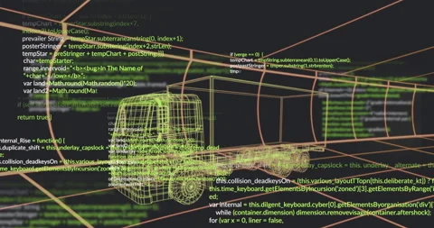 Frame three starting code scrolling over yellow 3D wireframe truck in orange Stock Footage 314708305