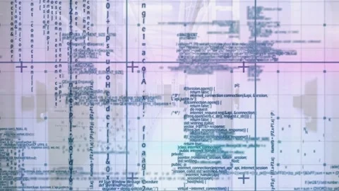 Frame three starting grid code scrolling and shifting lines, clusters migrating Stock Footage 330776716