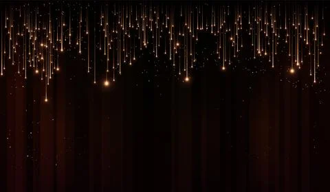 A frame top border of glowing falling golden sparks on a dark burgundy theater Stock Illustration