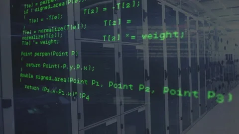 Frame-triggered green C++ overlay scrolling across racks showing network Stock Footage 313493095