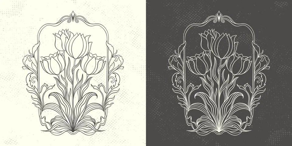 Frame with a tulip in the style of Art Nouveau. Beautiful vintage tulip floral Stock Illustration