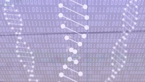 Frame-two nodes starting on binary grid, center chain linking down and sparks Stock Footage 334337891