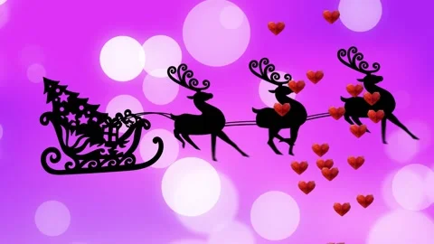 On frame two red hearts appearing and cascading while sleigh with reindeer Stock Footage 321318933