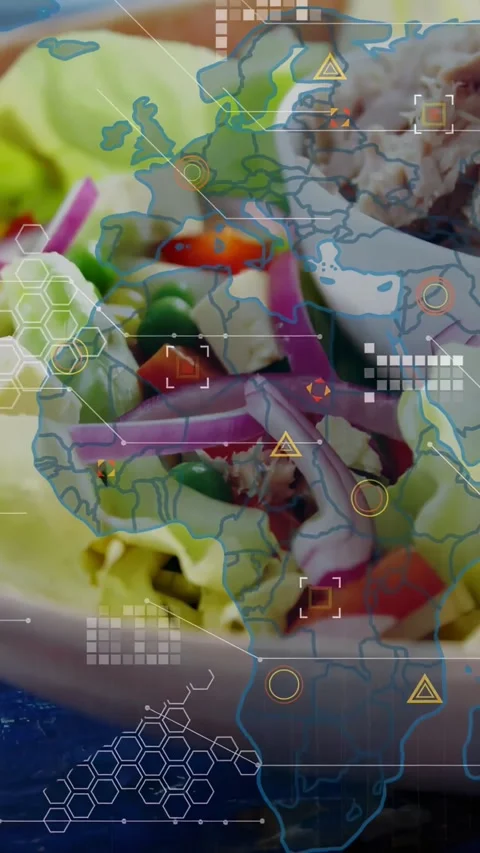 Frame two starting, HUD overlay appearing over salad bowl, elements fading in Stock Footage 332687455