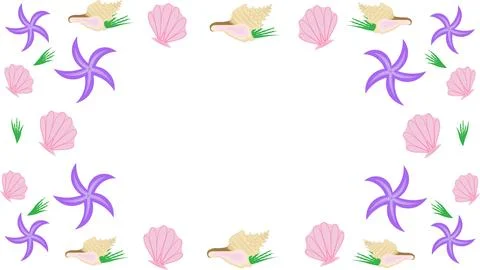 A frame with various shells and a starfish with a place for text. Summer Stock Illustration