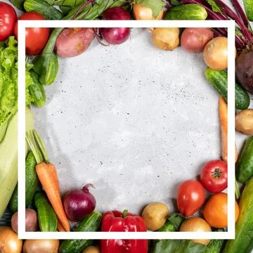 Frame by vegetables and creative white square frame on them on concrete bac.. Stock Photos