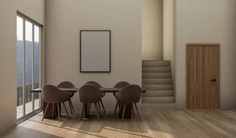 Frame on wall over table set on wooden floor in two storey apartment and su.. 스톡 일러스트