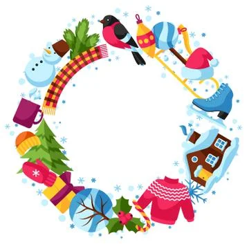 Frame with winter objects. Merry Christmas, Happy New Year holiday items and Stock Illustration
