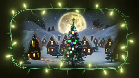 Frame of yellow string lights flashing over christmas village scene with santa Stock Footage 253457661