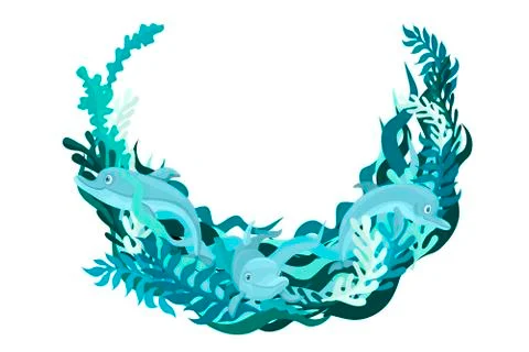 Frame for your title or text. Dolphins swimming in the water and algae. Vector Stock Illustration